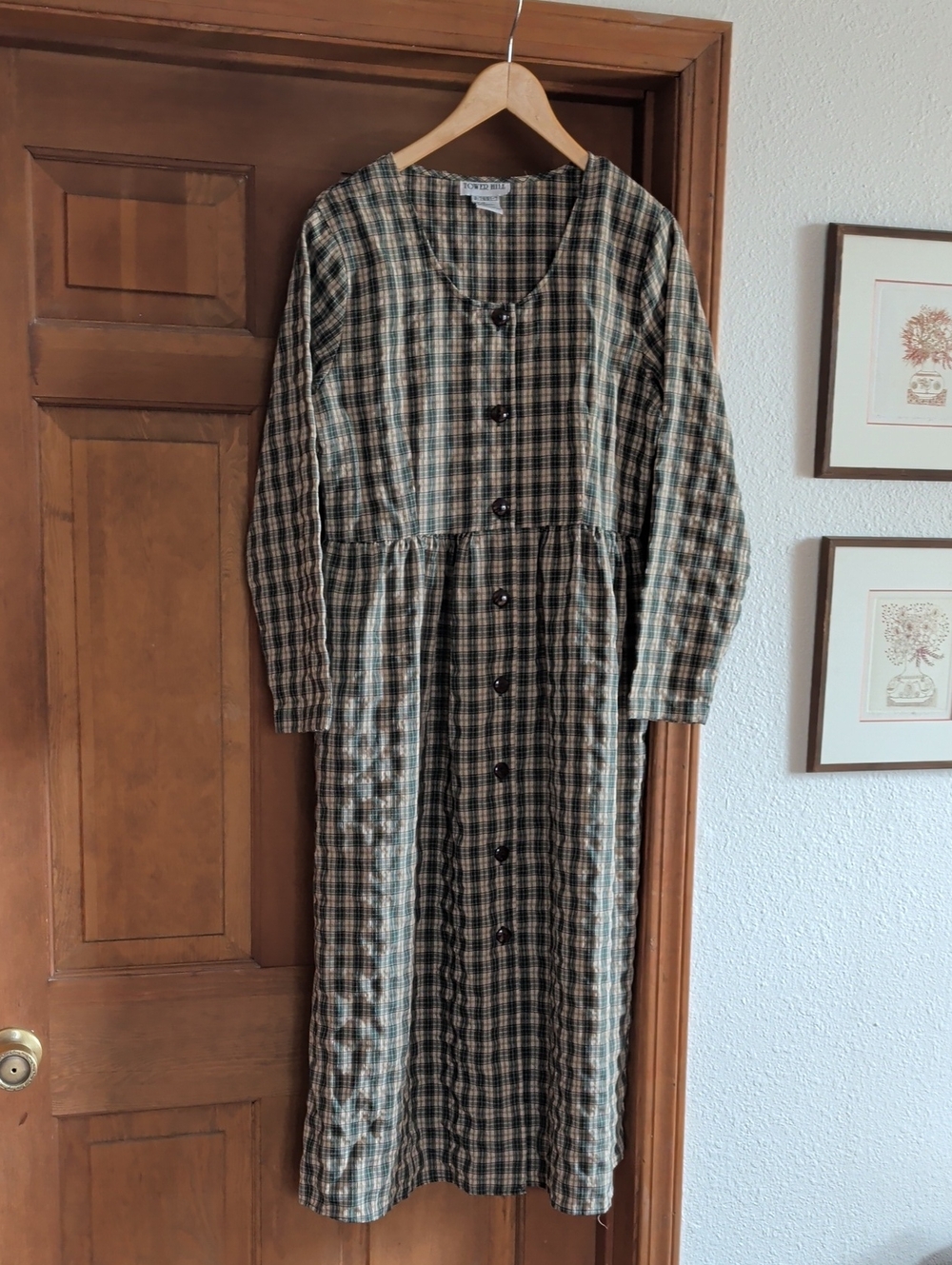 Checked Button-Front Long Sleeve Dress - Black Green Plaid